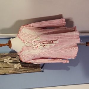 Johnny Was Top Red White XS Beaded Tie Front Hippie Boho Tassel Flaw